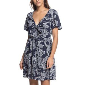 NWT ROXY Summer on Top Floral Tie Front A-line Dress Navy Indigo XS